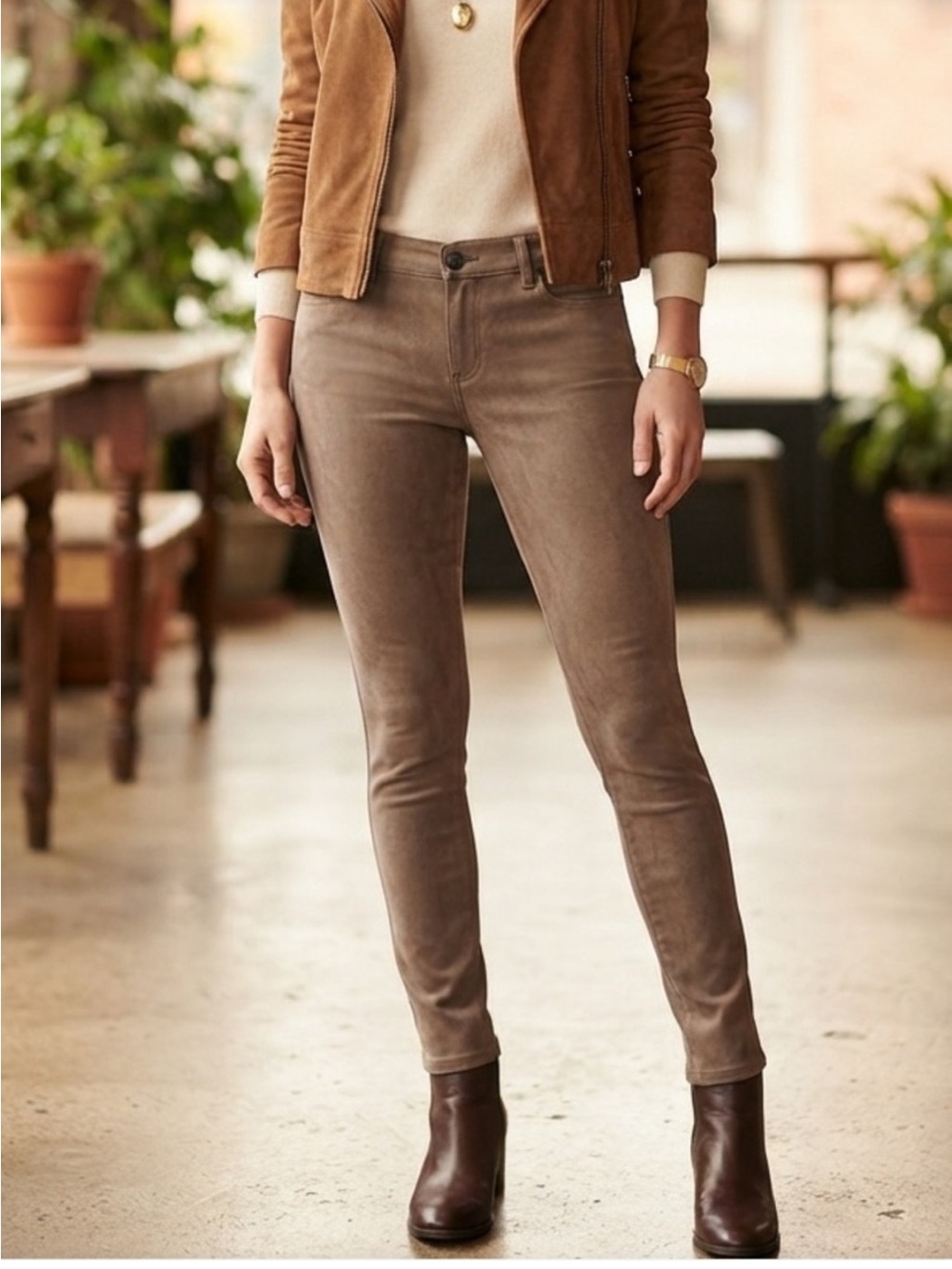 NWT Anthropologie Level 99 Liza Skinny Faux Suede Pants Taupe Brown Size 26